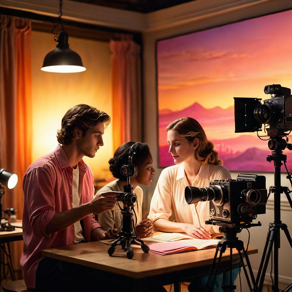 A cinematic scene depicting a diverse film crew passionately working on a romantic film set, with a heartwarming couple rehearsing their lines under soft, warm lighting. Surrounding them are film cameras, bright spotlights, and colorful script pages fluttering in the breeze, symbolizing the journey from script to screen. The backdrop showcases a dreamy sunset, evoking a sense of love and emotion. vibrant colors. cinematic style. soft focus.