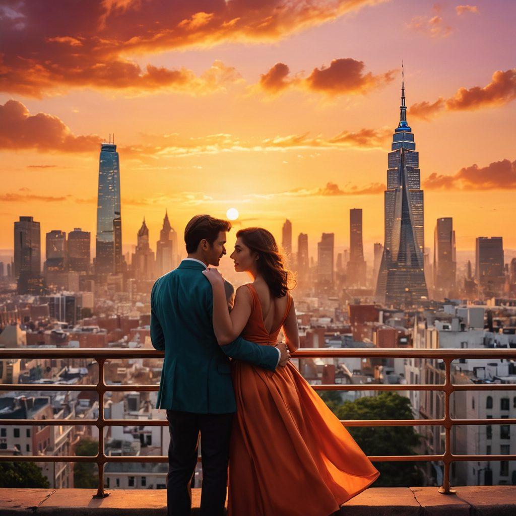 A whimsical blend of romantic cinema and real-life love stories, featuring a vibrant city skyline at sunset with couples from different cultures sharing intimate moments. Include film reels gracefully swirling around them and iconic romantic film posters in the background. The scene should evoke emotion, connection, and nostalgia, with soft focus and warm lighting. super-realistic. vibrant colors. cinematic atmosphere.