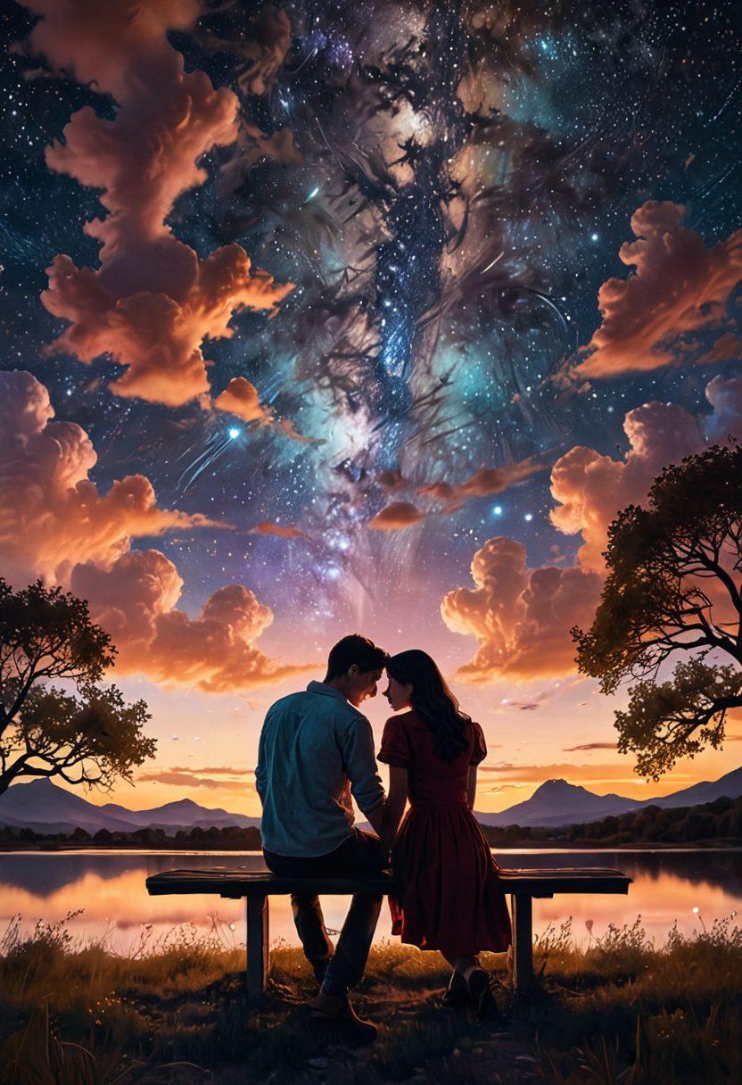 A captivating scene depicting a couple sharing an intimate moment under a starry night sky, with cinematic lighting that highlights their emotional connection. Elements such as film reels and heart-shaped clouds blend into the background, symbolizing the fusion of cinema and reality in romantic storytelling. Add soft, warm colors to evoke feelings of love and nostalgia. cinematic art style. vibrant colors. dreamy atmosphere.